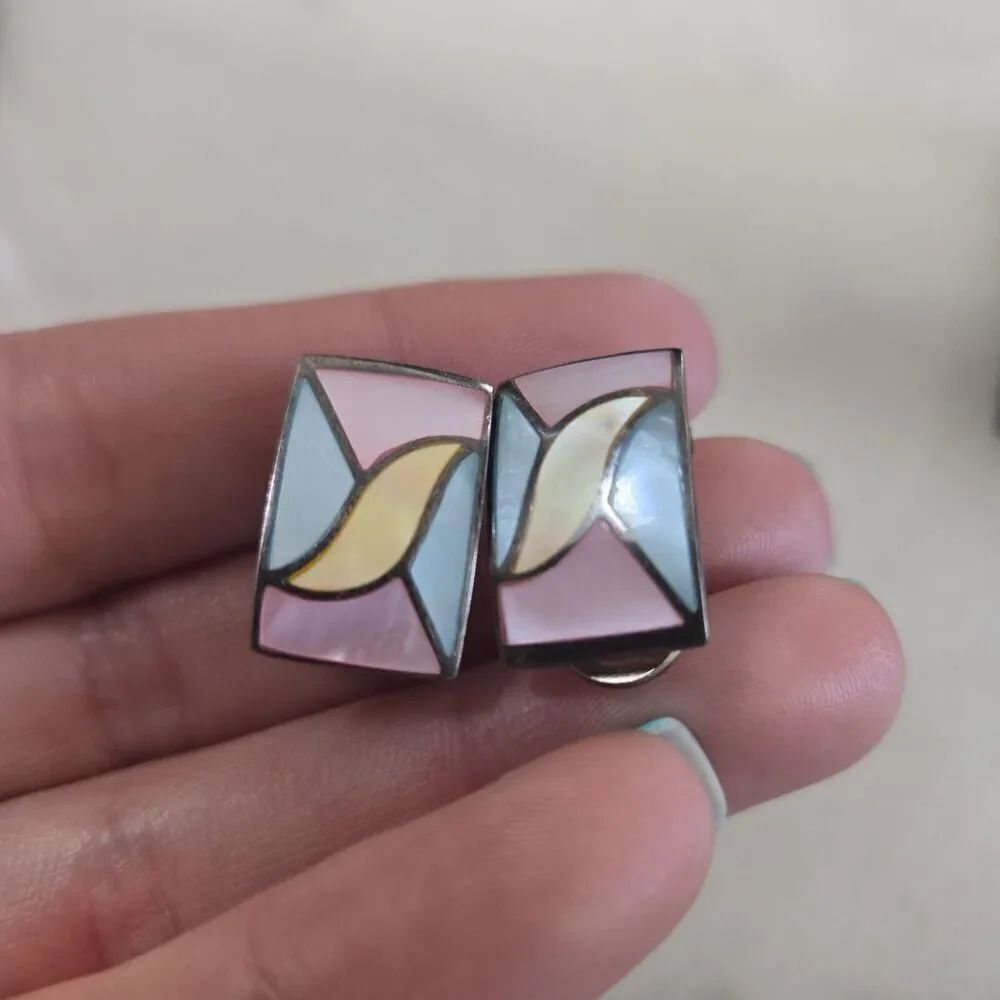 Vintage Sterling 925 Inlay Pastel Blue Pink Yellow Mother Of Pearl Earrings - Picture 3 of 6
